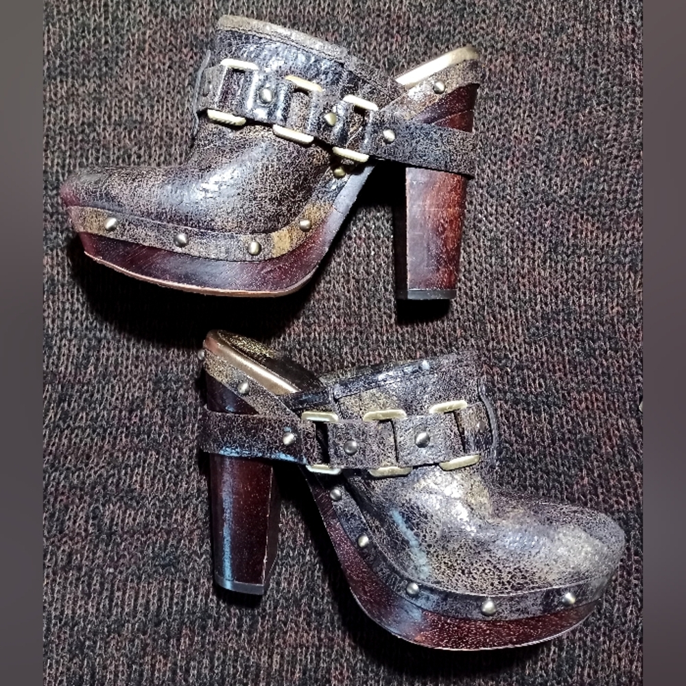 Vince Camuto Brown, Black And Gold Leather High Heel Platform Clogs Sz 6B